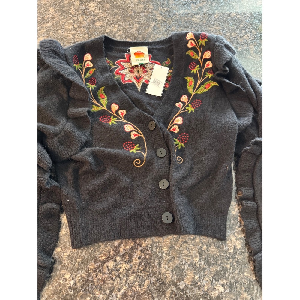 Farm Rio Embroidered Ruffle Sleeve Cropped Cardigan Sweater XS Floral NWT - Picture 4 of 12